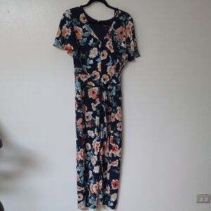 Tahari Navy Floral Wrap-Style Jumpsuit with Coral and Cream Flowers